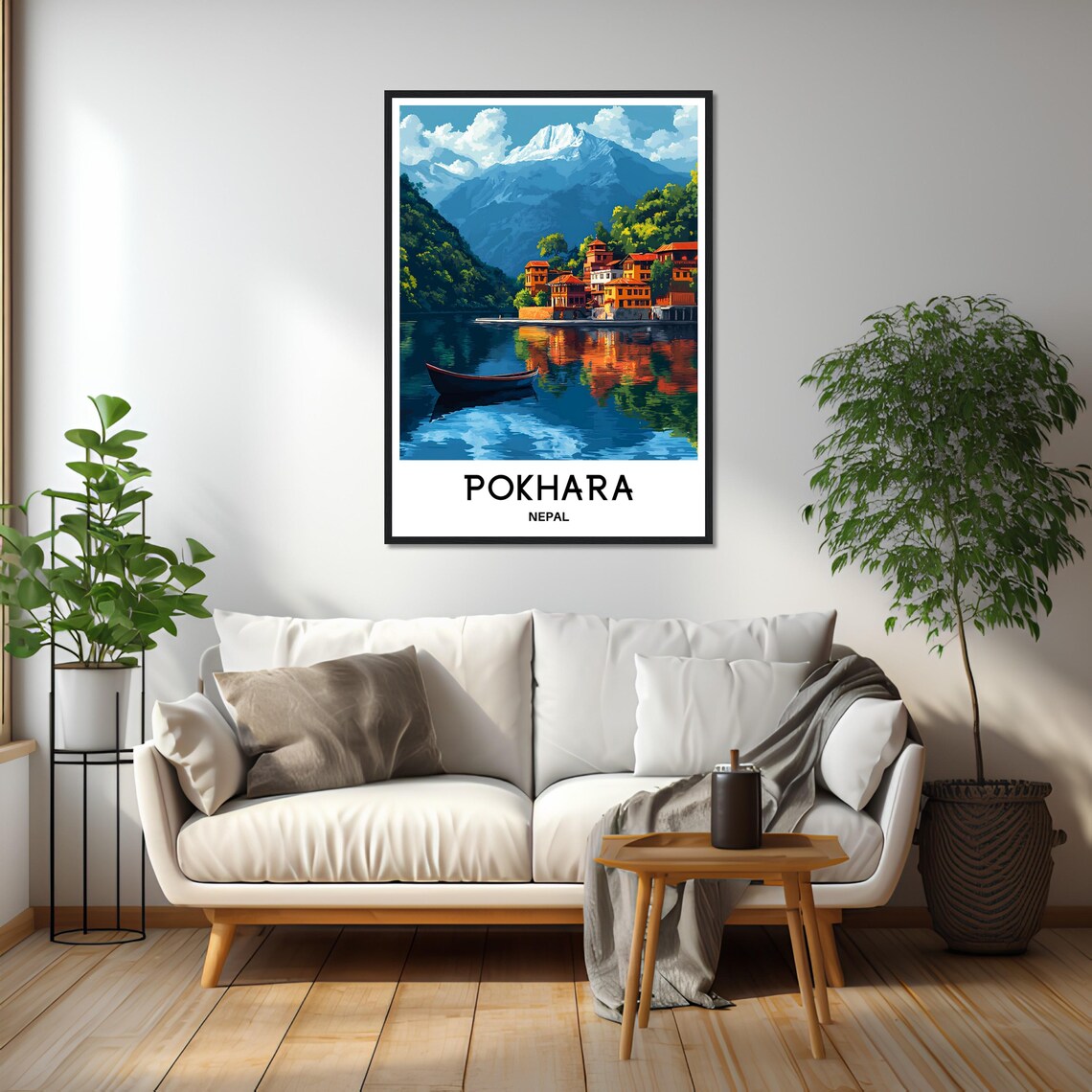 Pokhara Nepal Lakeside Town Wooden Boat Mountain Travel Poster - Image 3