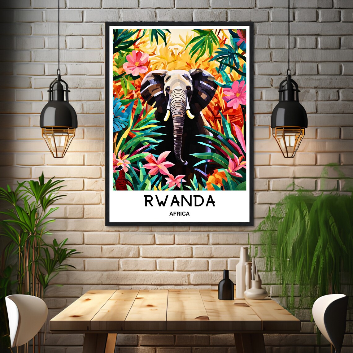 Rwanda Africa Elephant Among Bright Tropical Jungle Flowers Poster - Image 3