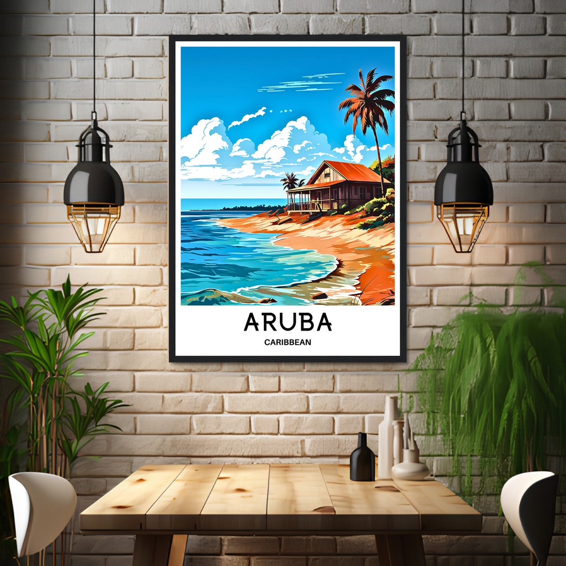 Aruba Beach Hut Palm Trees Caribbean Coast Vintage Style Scenic Poster - Image 3