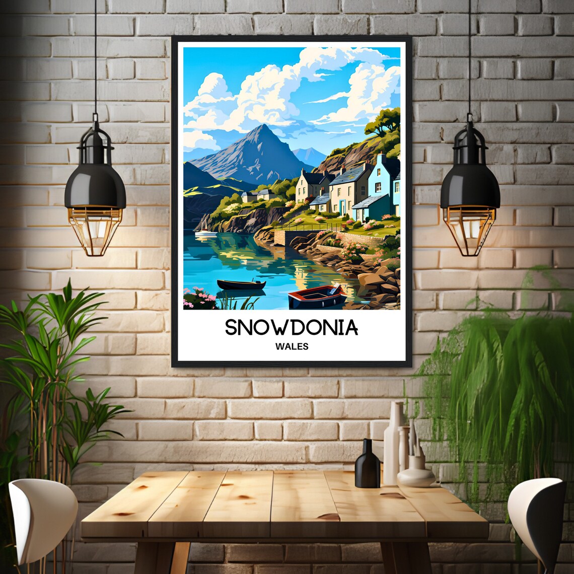 Snowdonia Wales Mountain Peak Lakeside Village Boats Travel Poster - Image 3