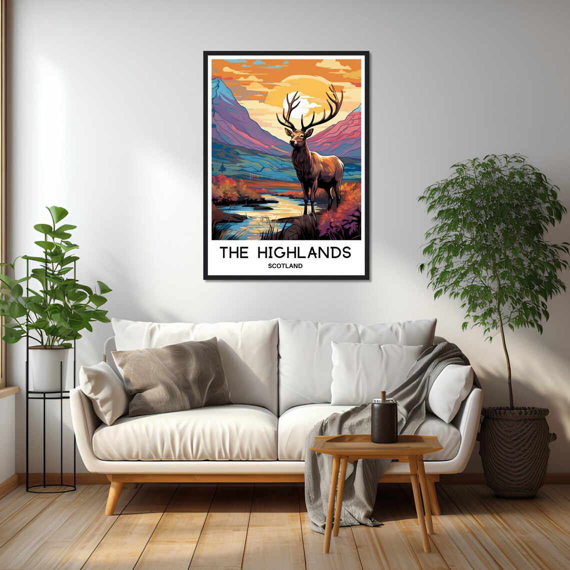Scottish Highlands Stag at Sunset Mountain Valley Travel Art Poster - Image 2