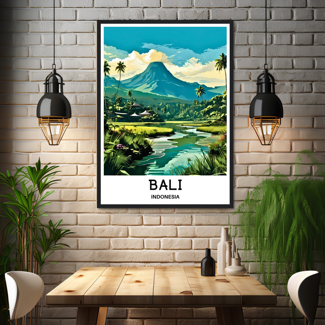Bali Volcano Over Rice Fields And River Indonesia Travel Art Poster - Image 3