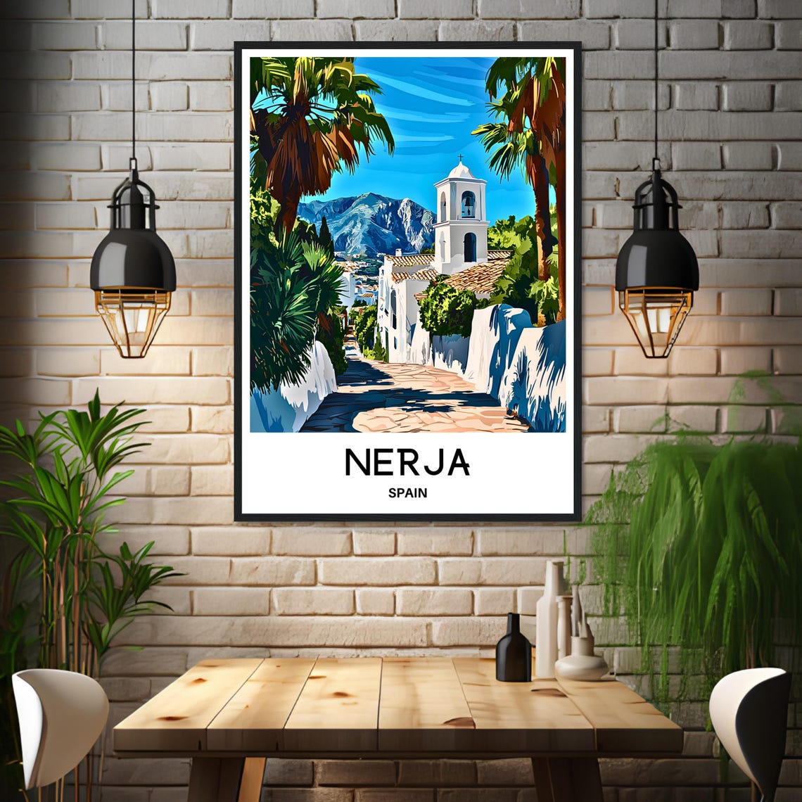 Nerja Spain Whitewashed Street Poster with Church Tower and Palms - Image 3