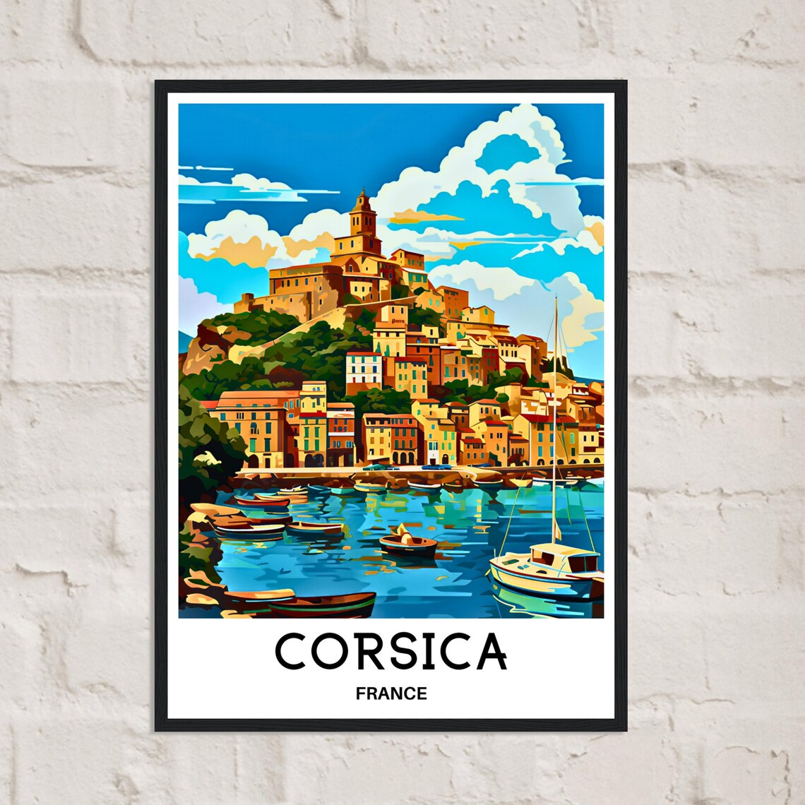 Corsica France Hillside Harbor Town With Boats Travel Poster - Image 2