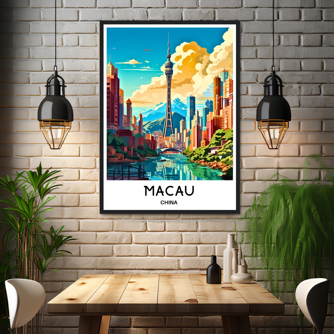 Macau China Colorful Modern Skyline and Riverside Travel Poster - Image 3