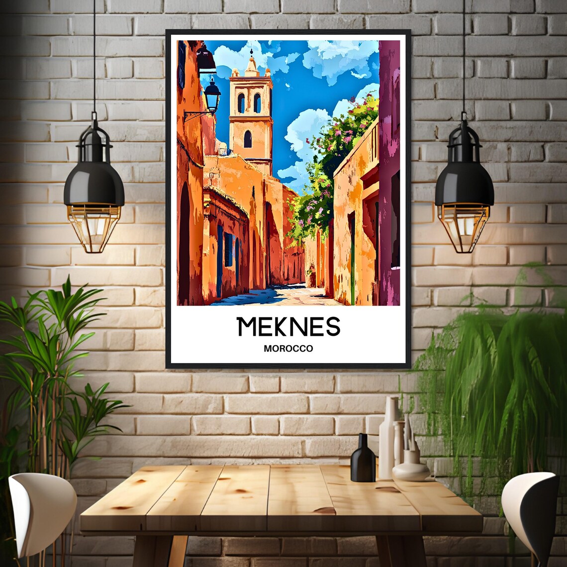 Meknes Morocco Old Town Alley Tower Travel Illustration Poster - Image 3