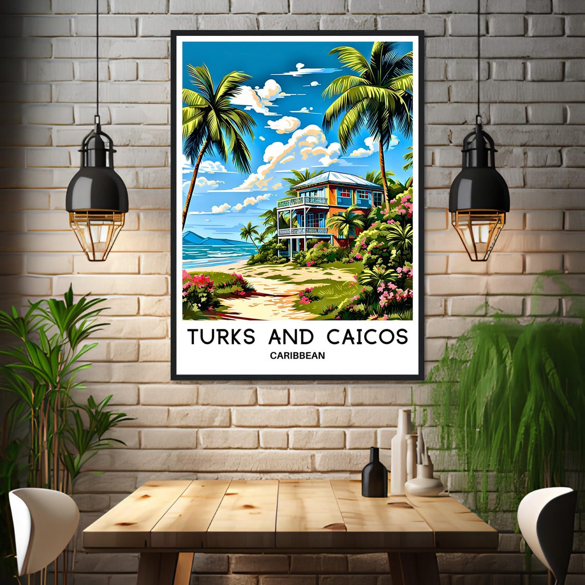 Turks and Caicos Caribbean Beach House Palm Trees Tropical Poster - Image 3