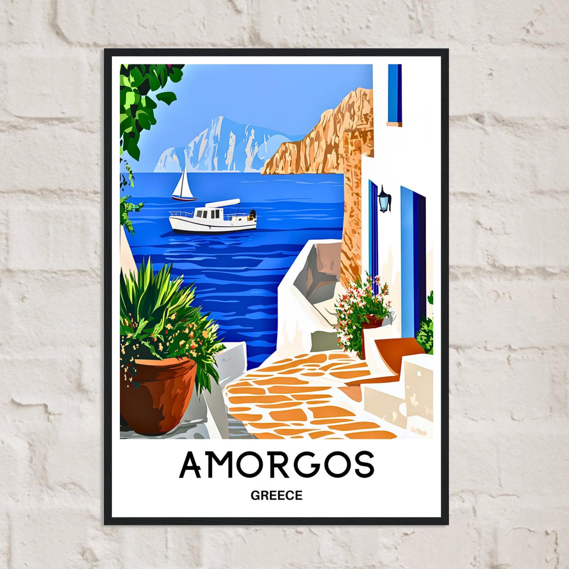 Amorgos Greece Whitewashed Harbor Boats Aegean Blue Sea Travel Poster - Image 2