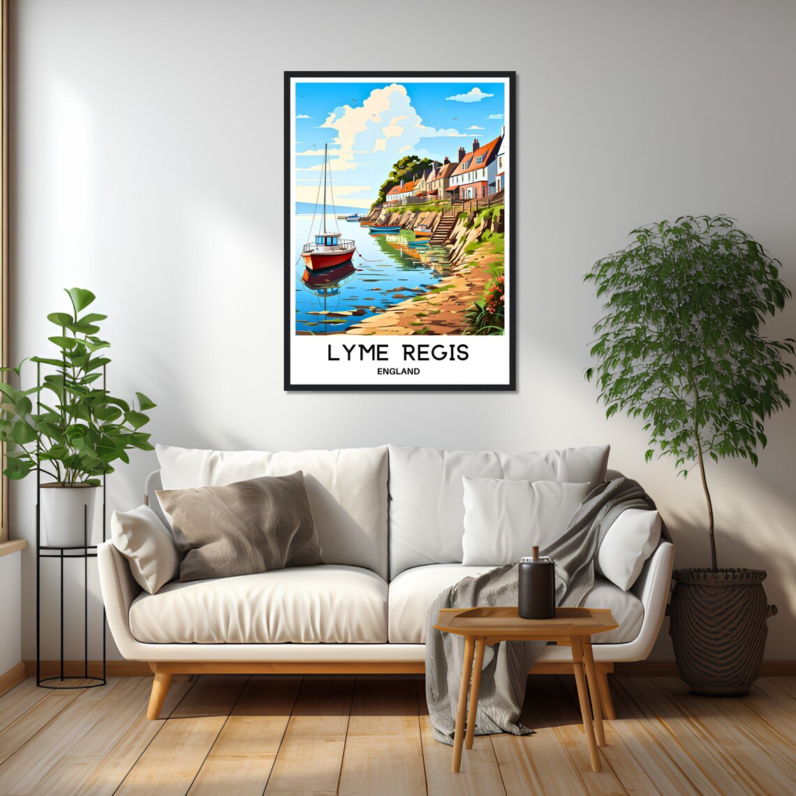 Lyme Regis Harbor Red Fishing Boats Village Cottages England Poster - Image 2