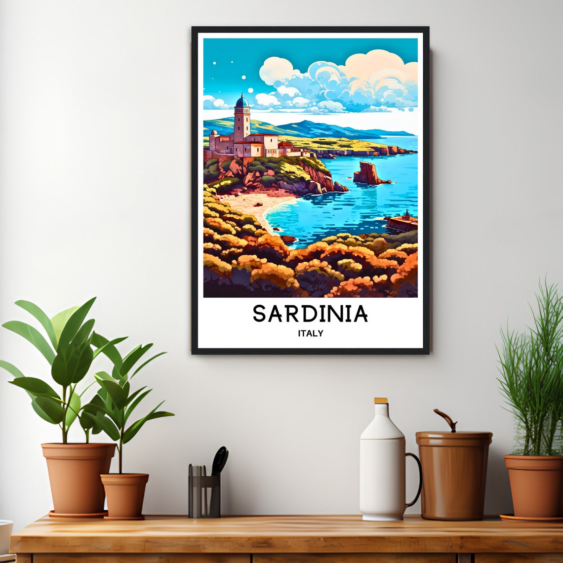 Sardinia Italy Coastal Lighthouse on Cliff Beach Travel Poster - Image 3