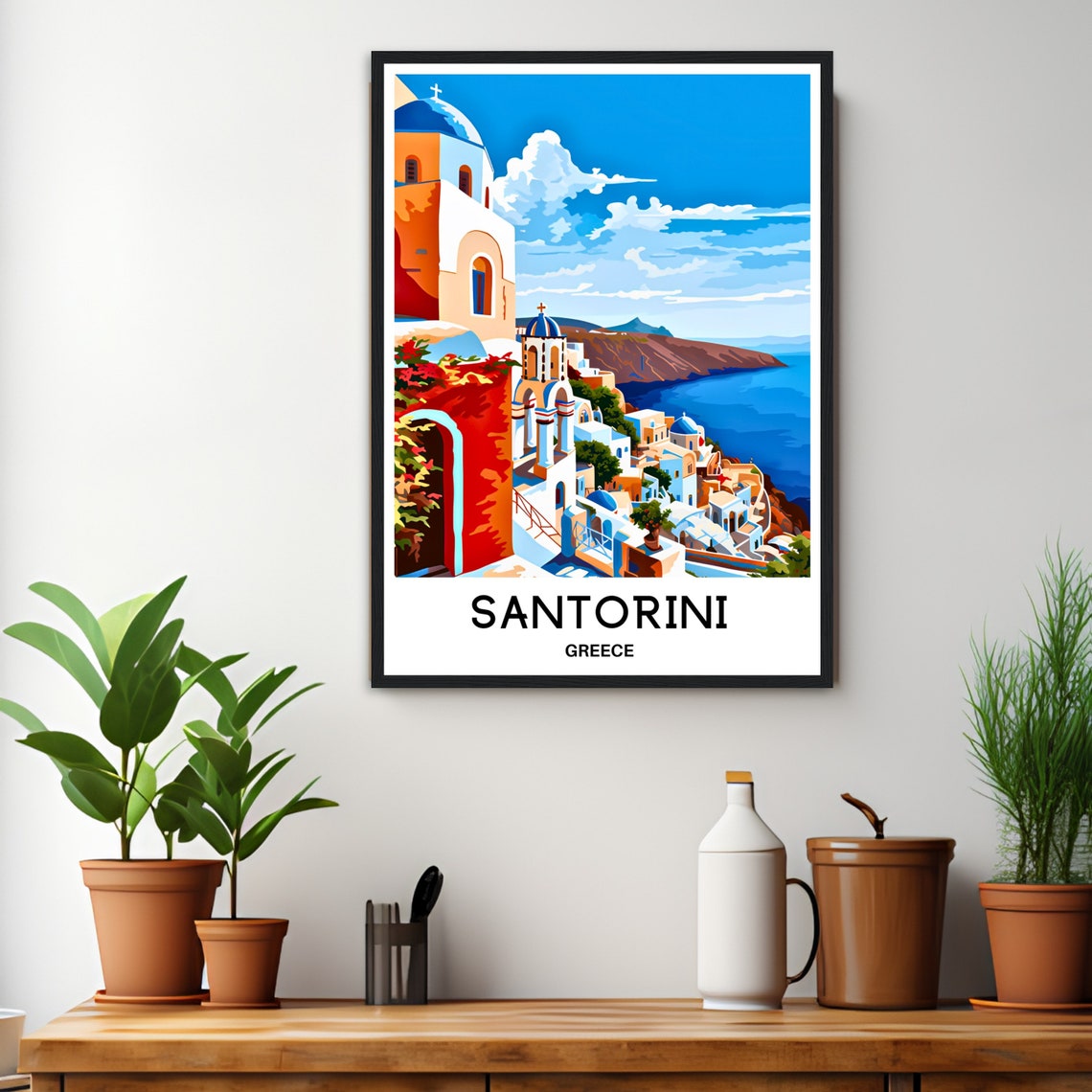 Santorini Greece Blue Domed Churches Village Daytime Travel Poster - Image 3