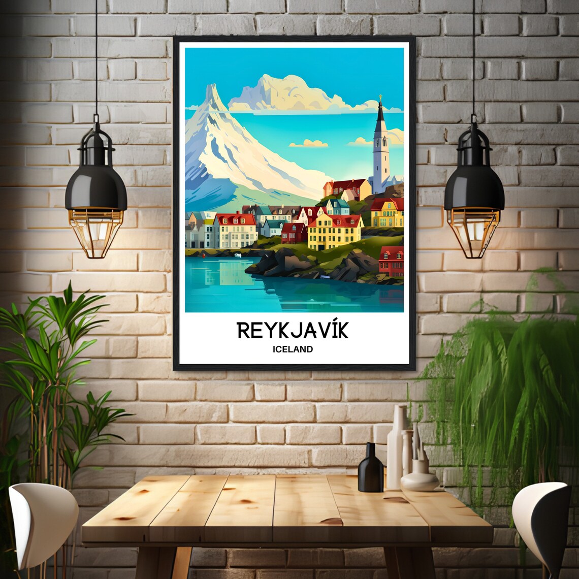 Reykjavik Iceland Colorful Harbor Houses Mountain View Travel Poster - Image 3