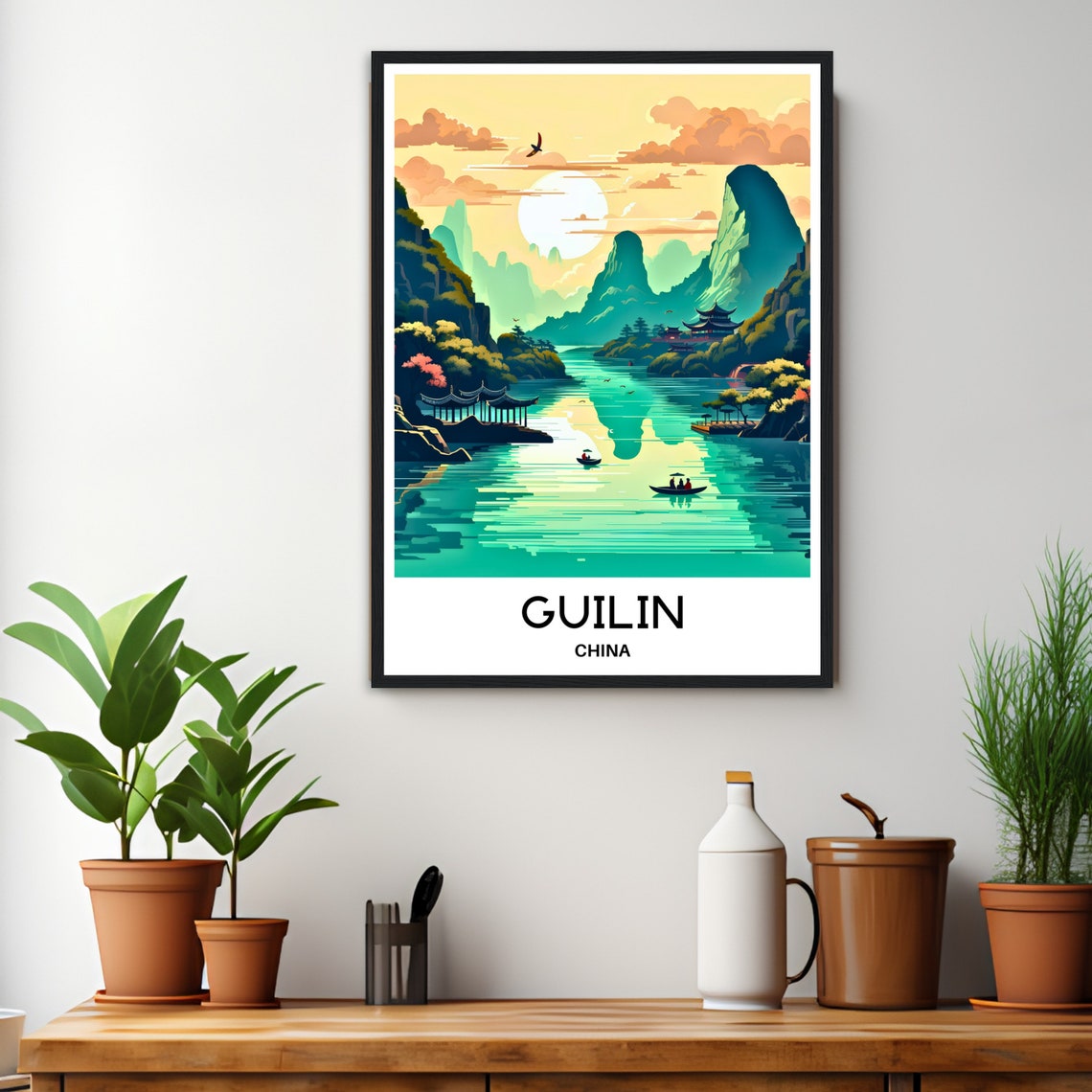 Guilin China Karst Mountains River Pagoda Pavilion Sunset Poster - Image 3