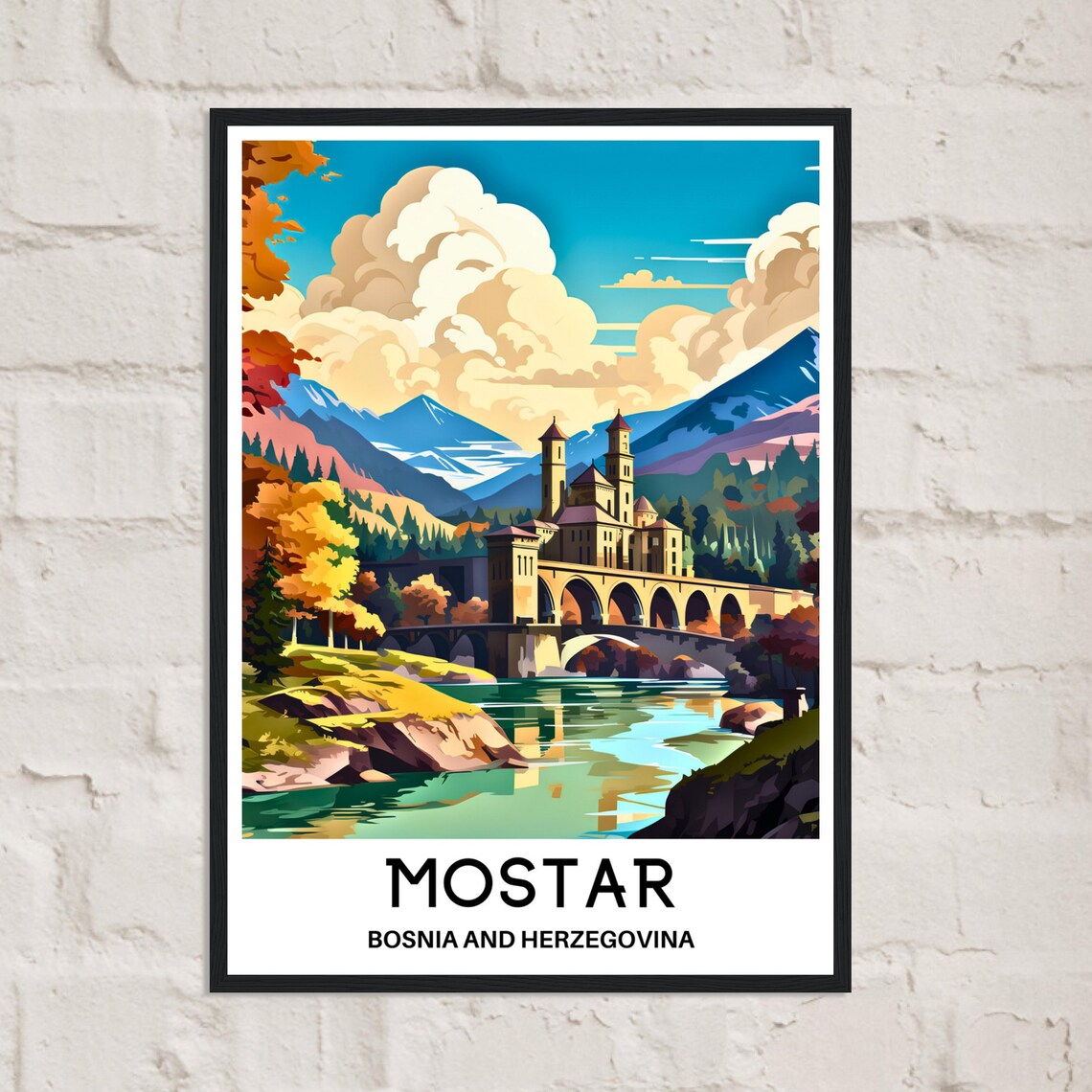 Mostar Bosnia Old Bridge Autumn Mountains River View Art Poster - Image 2