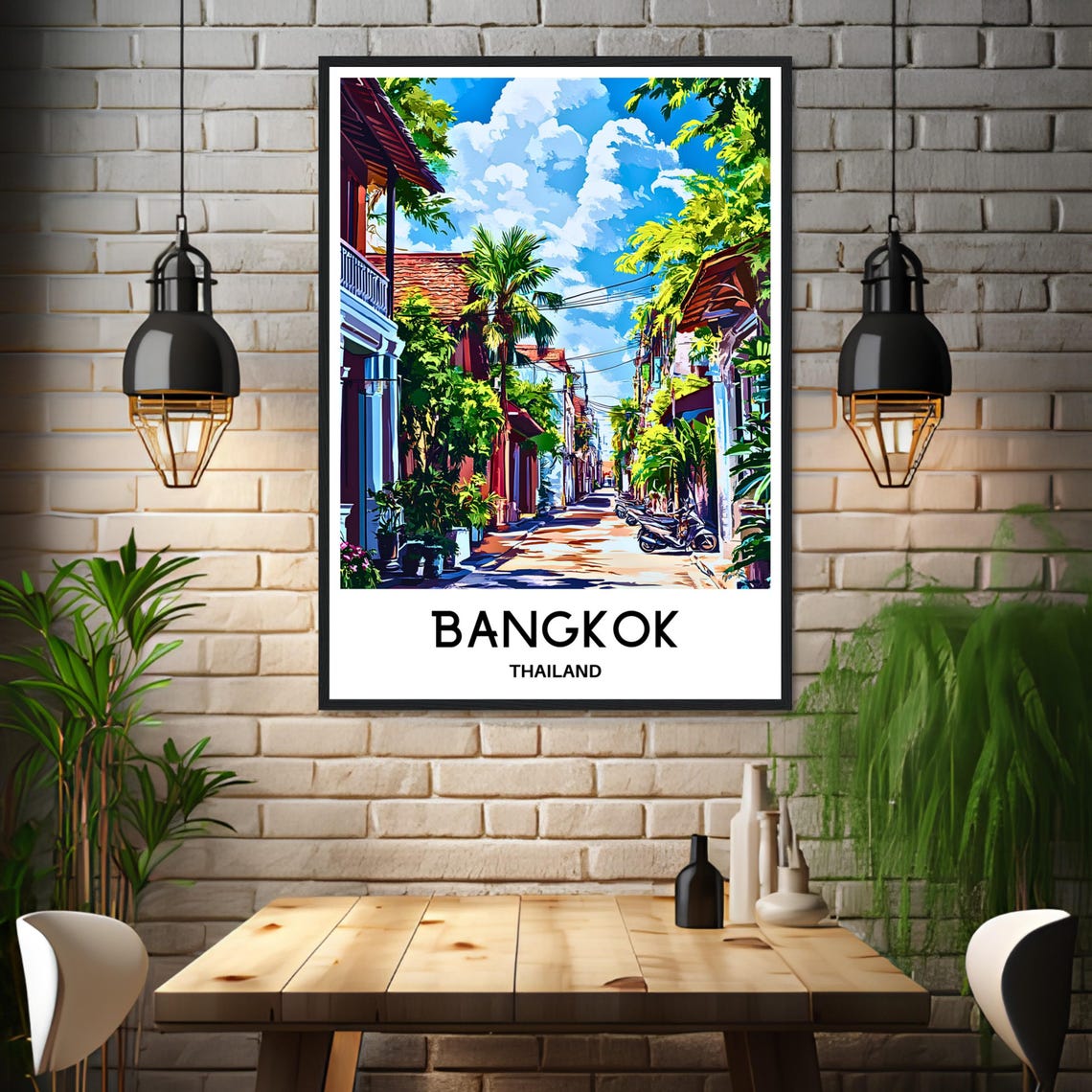 Bangkok Thailand Old Street Poster with Shophouses and Palm Trees - Image 3