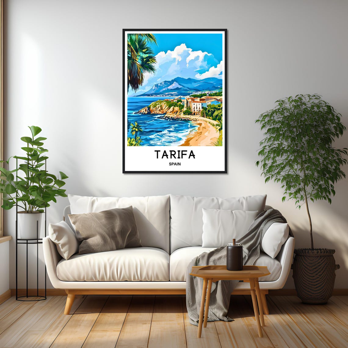 Tarifa Spain Coastal Beach with Palm Trees and Cliffs Poster - Image 2