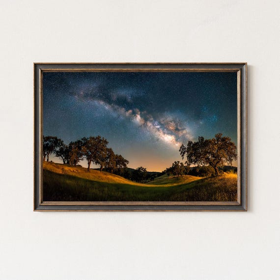 Milky Way Landscape Print Night Sky Over Rolling Hills And Oak Trees Wall Art