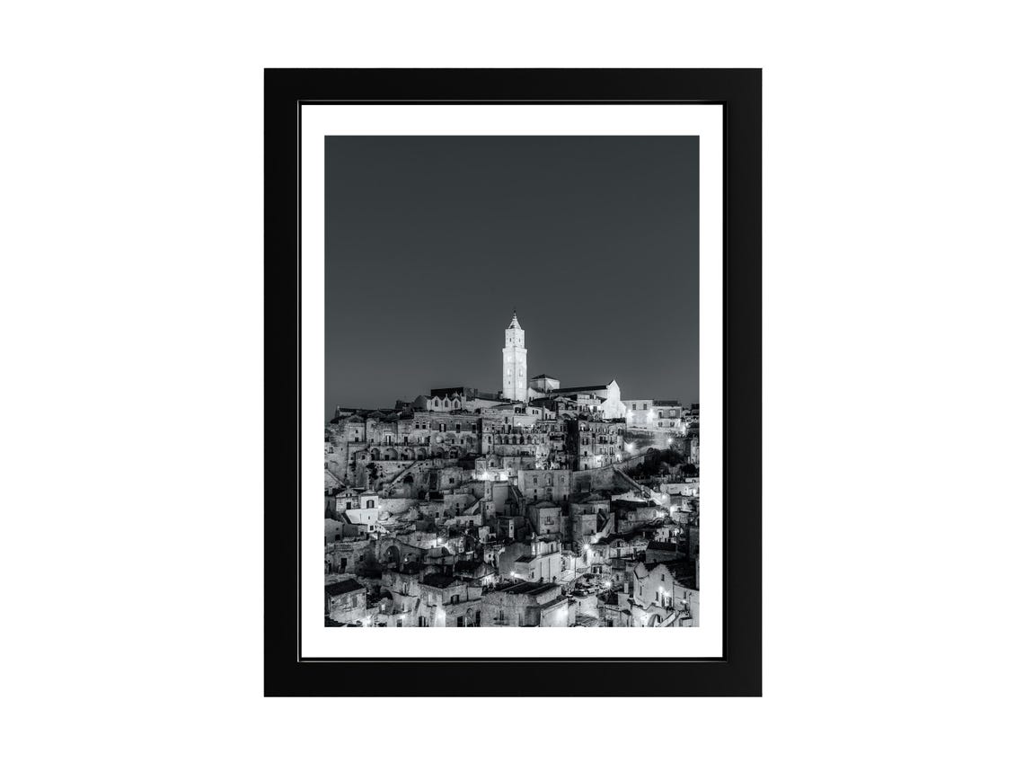 Matera Italy Night Black And White Illuminated Cathedral Photo Poster