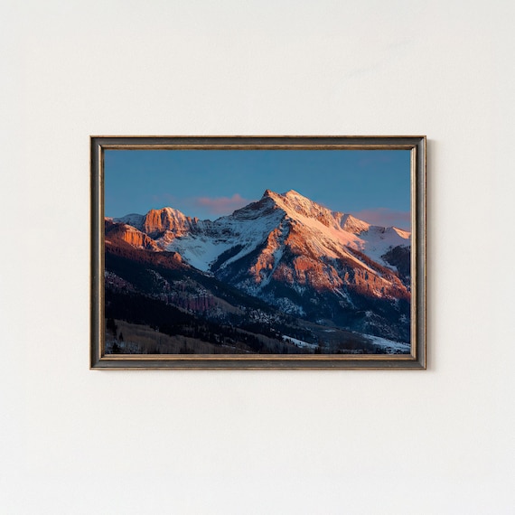 Snow Capped Mountain Peaks At Alpenglow Sunset Landscape Photo Poster