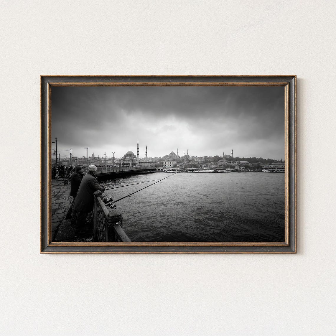 Istanbul Fishermen on Galata Bridge Black and White Photo Poster