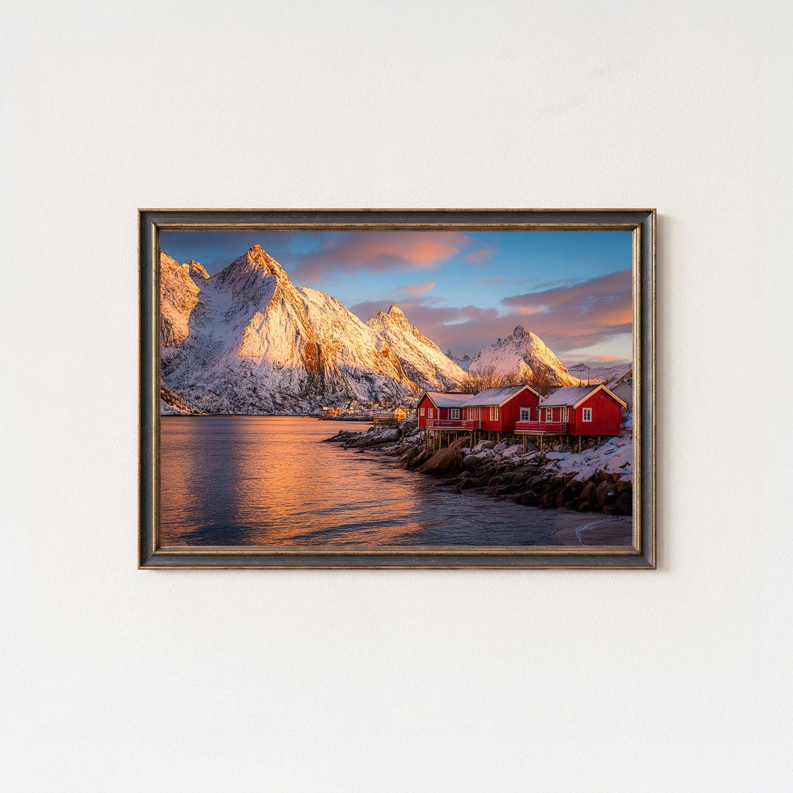 Snowy Mountain Peaks Red Cabins Waterfront Sunrise Photo Poster