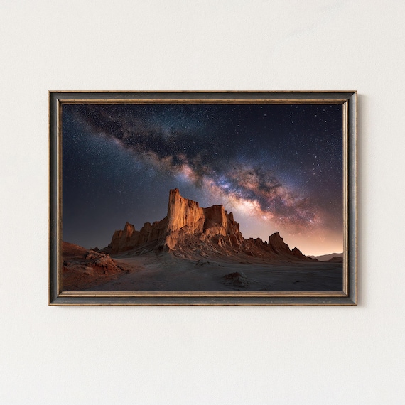 Milky Way Over Red Desert Cliffs Starry Night Landscape Wall Art Print