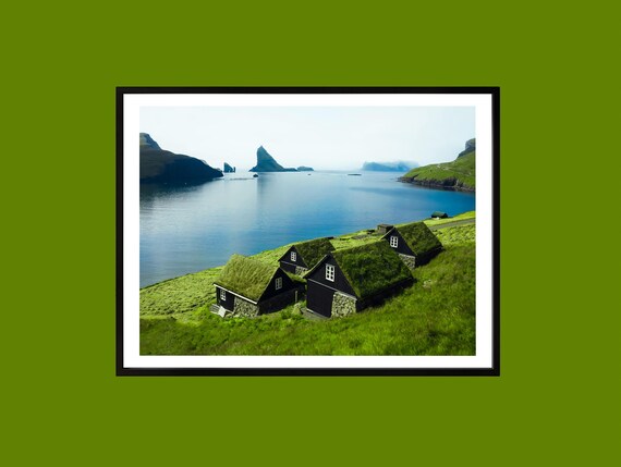 Faroe Islands Grass Roof Houses Nordic Fjord Landscape Poster