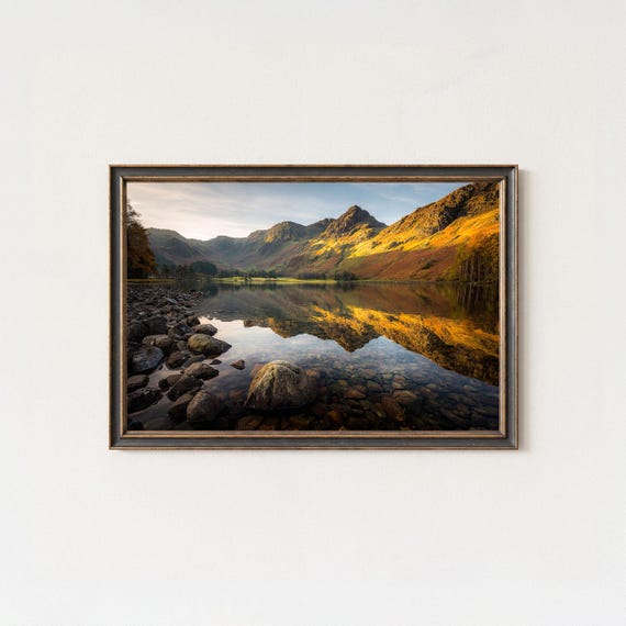 Lake District Golden Mountain Reflection Landscape Print