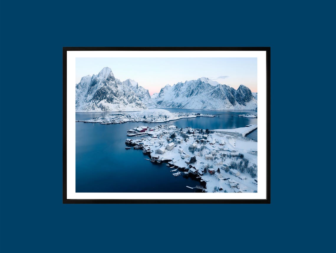 Snowy Norwegian Coastal Village Winter Fjord Mountain Photo Poster