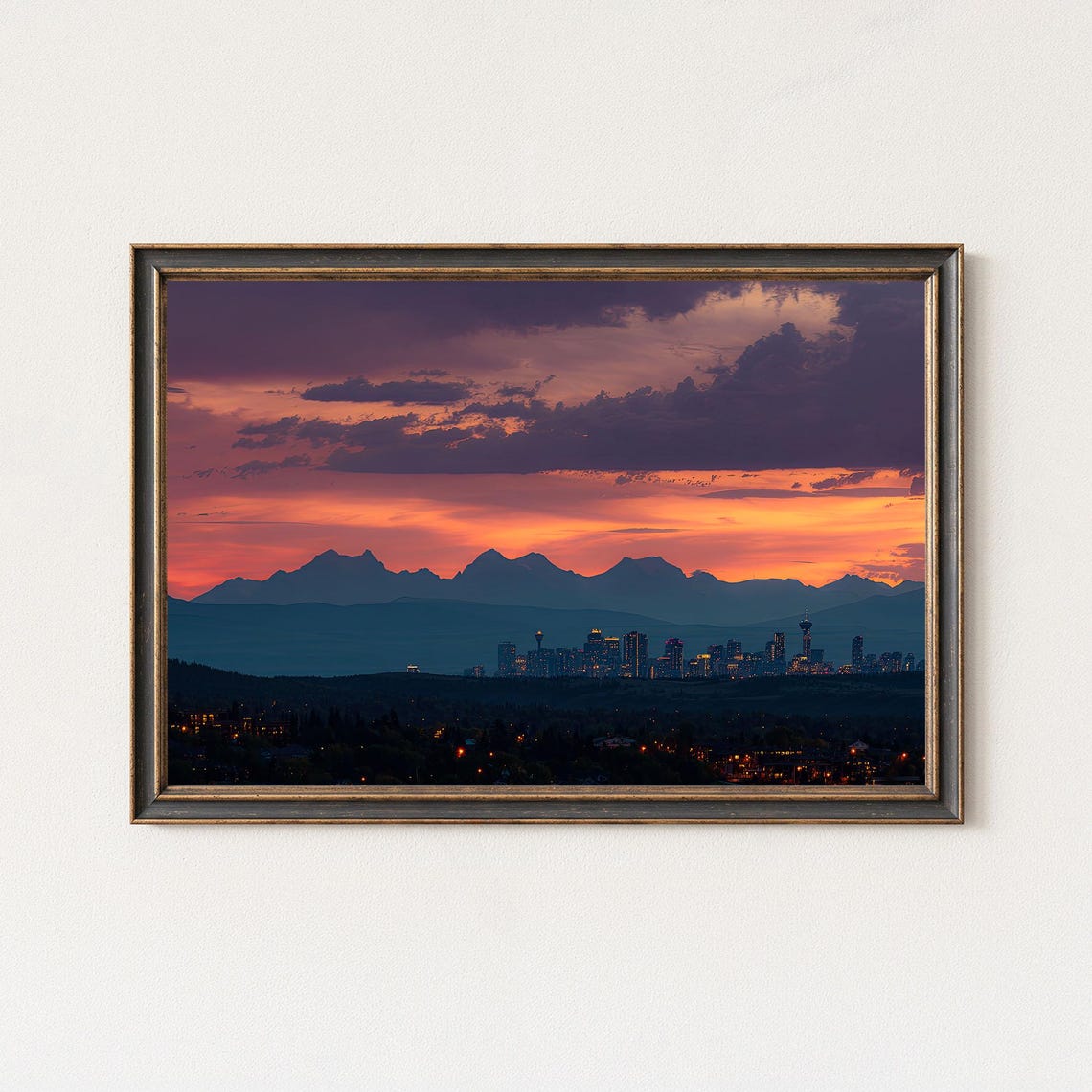 Calgary Sunset Skyline with Rocky Mountain Silhouette Poster