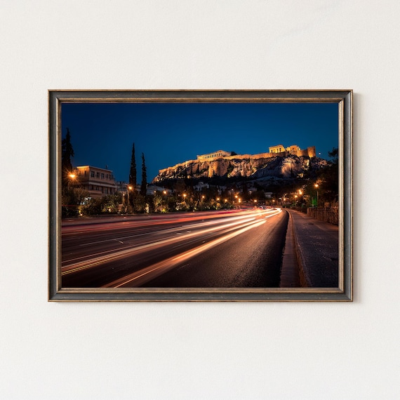 Athens Acropolis Night Cityscape With Light Trails Print