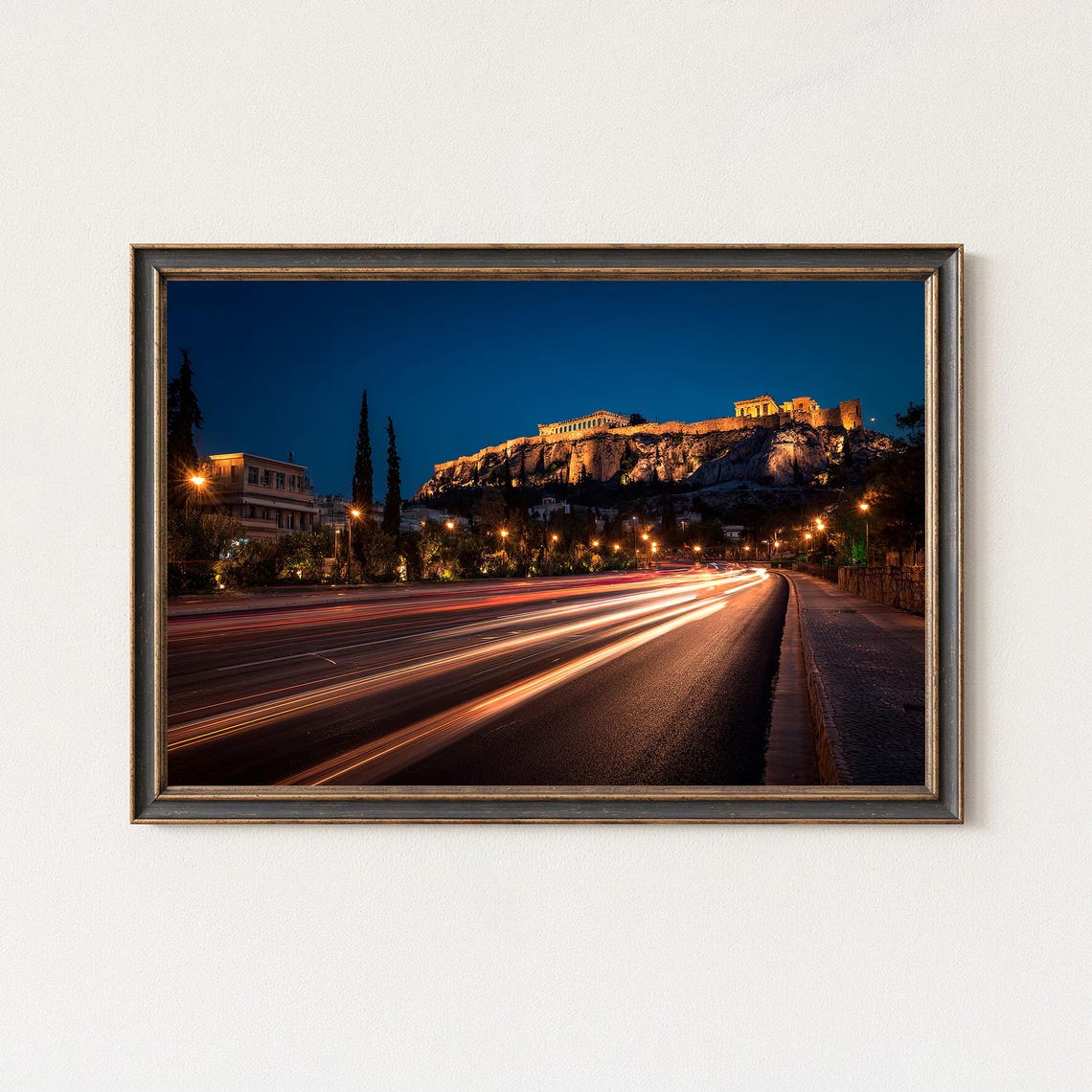 Athens Acropolis Night Highway Light Trails Ancient City Poster