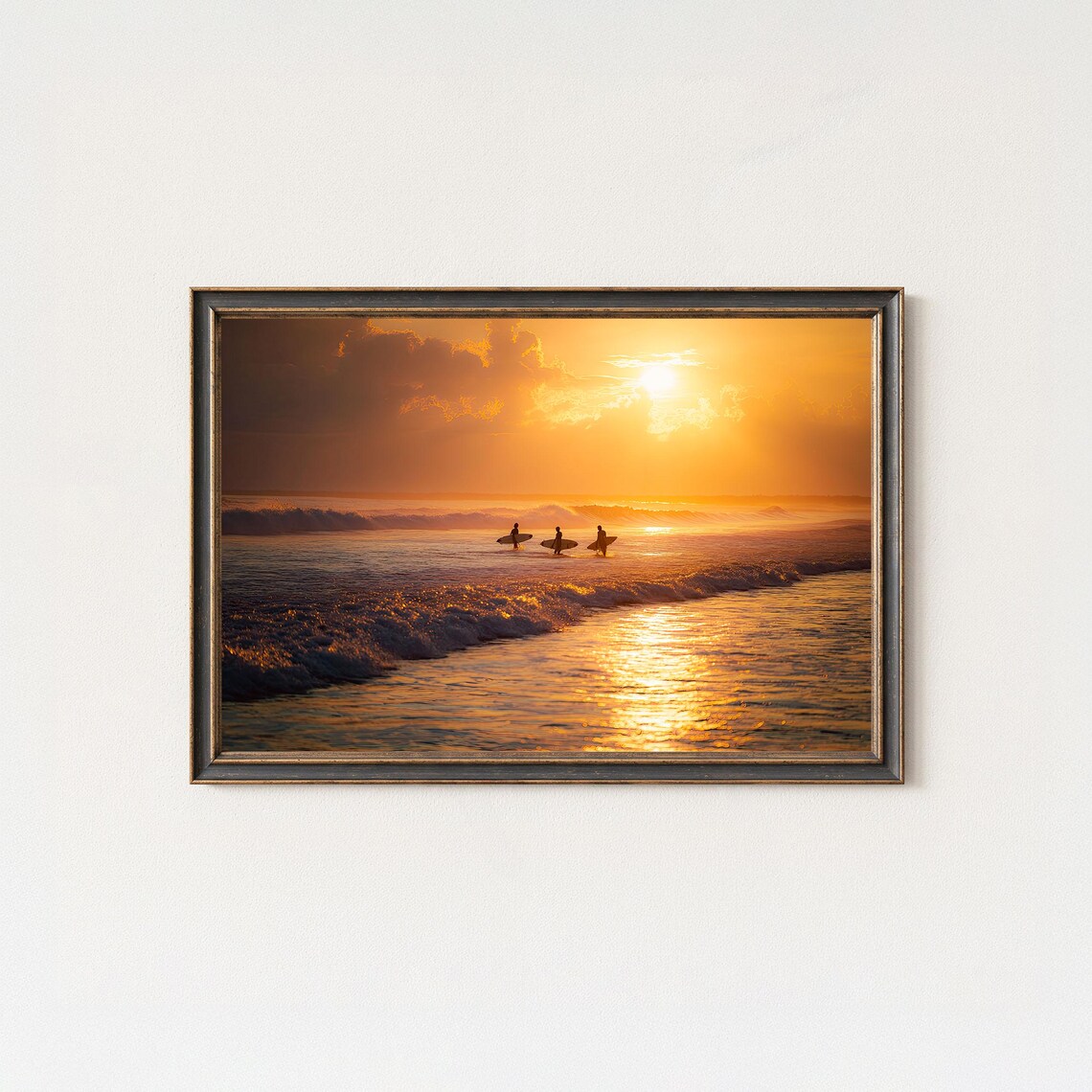 Canggu Bali Sunset Surfers Golden Wave Silhouette Photo Poster