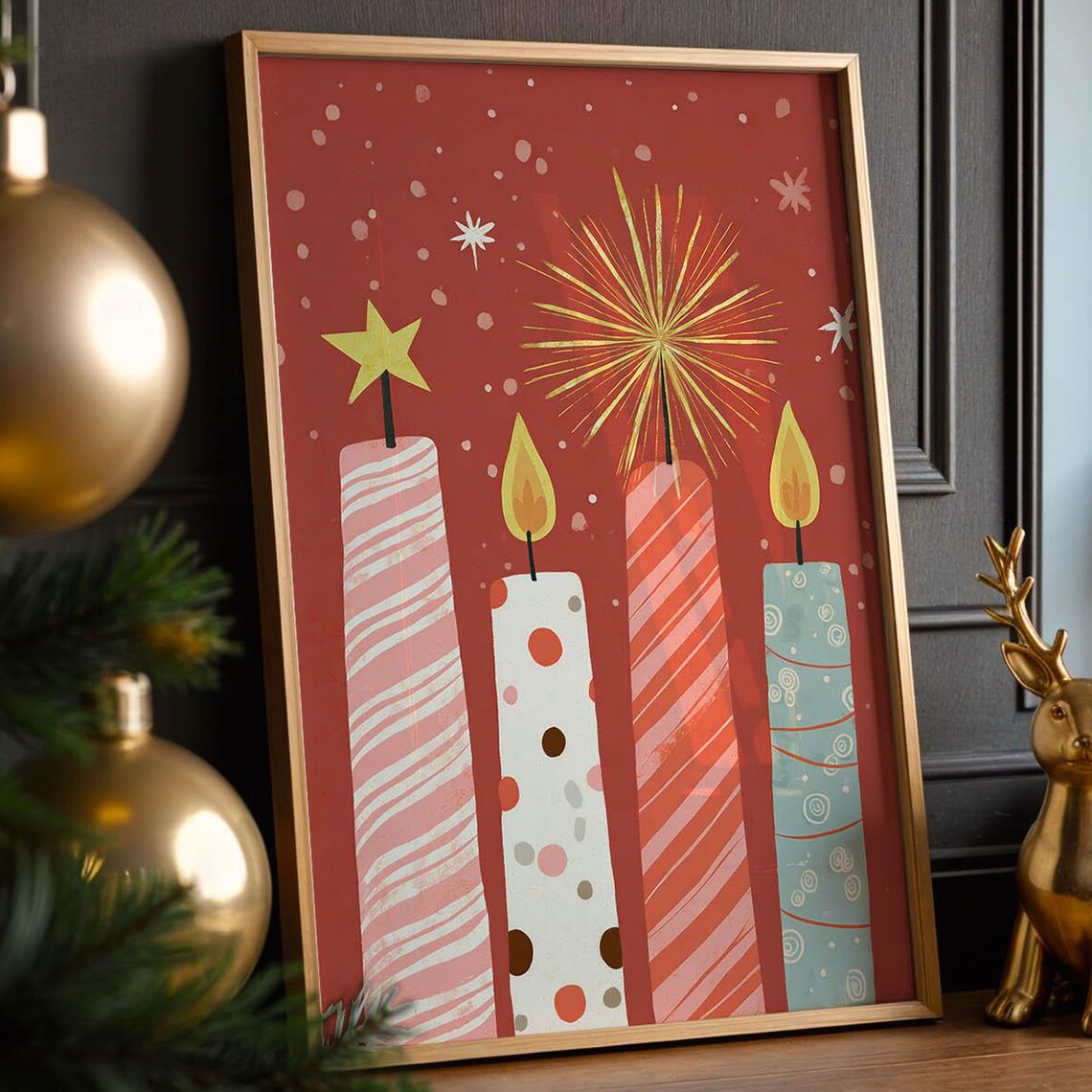 Retro Christmas Candles Mid Century Modern Red Holiday Art Poster