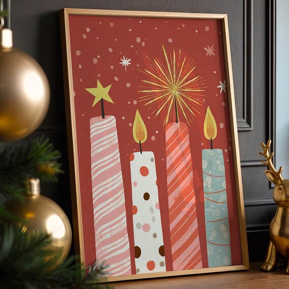 Retro Christmas Candles Mid Century Modern Red Holiday Art Poster
