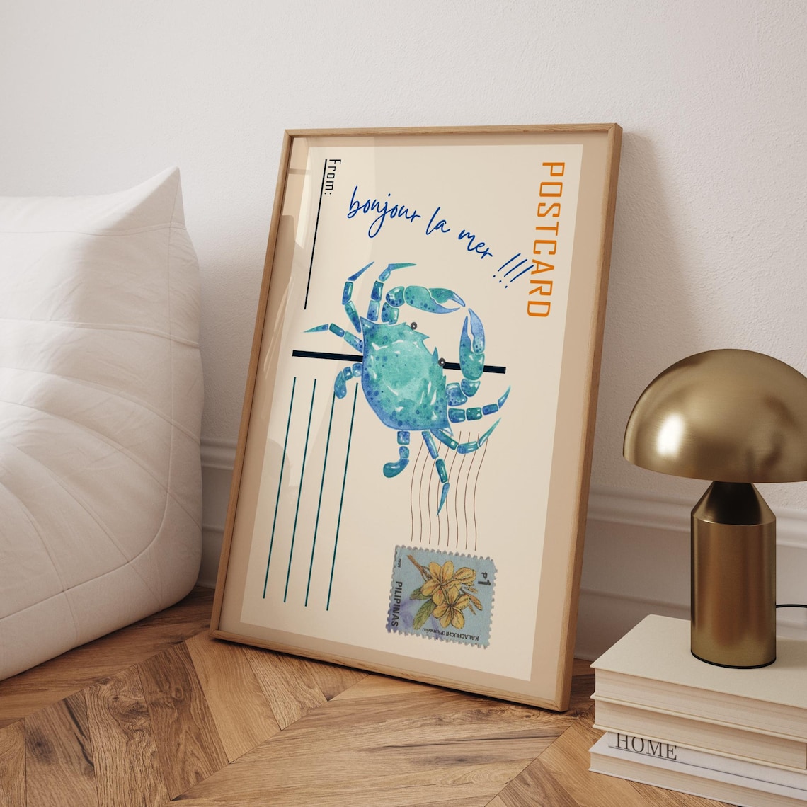 Vintage Blue Crab Bonjour La Mer French Coastal Postcard Poster