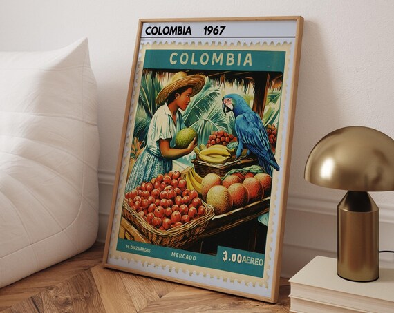 Retro Kitchen Print Colombia Fruit Market Postal Stamp Art