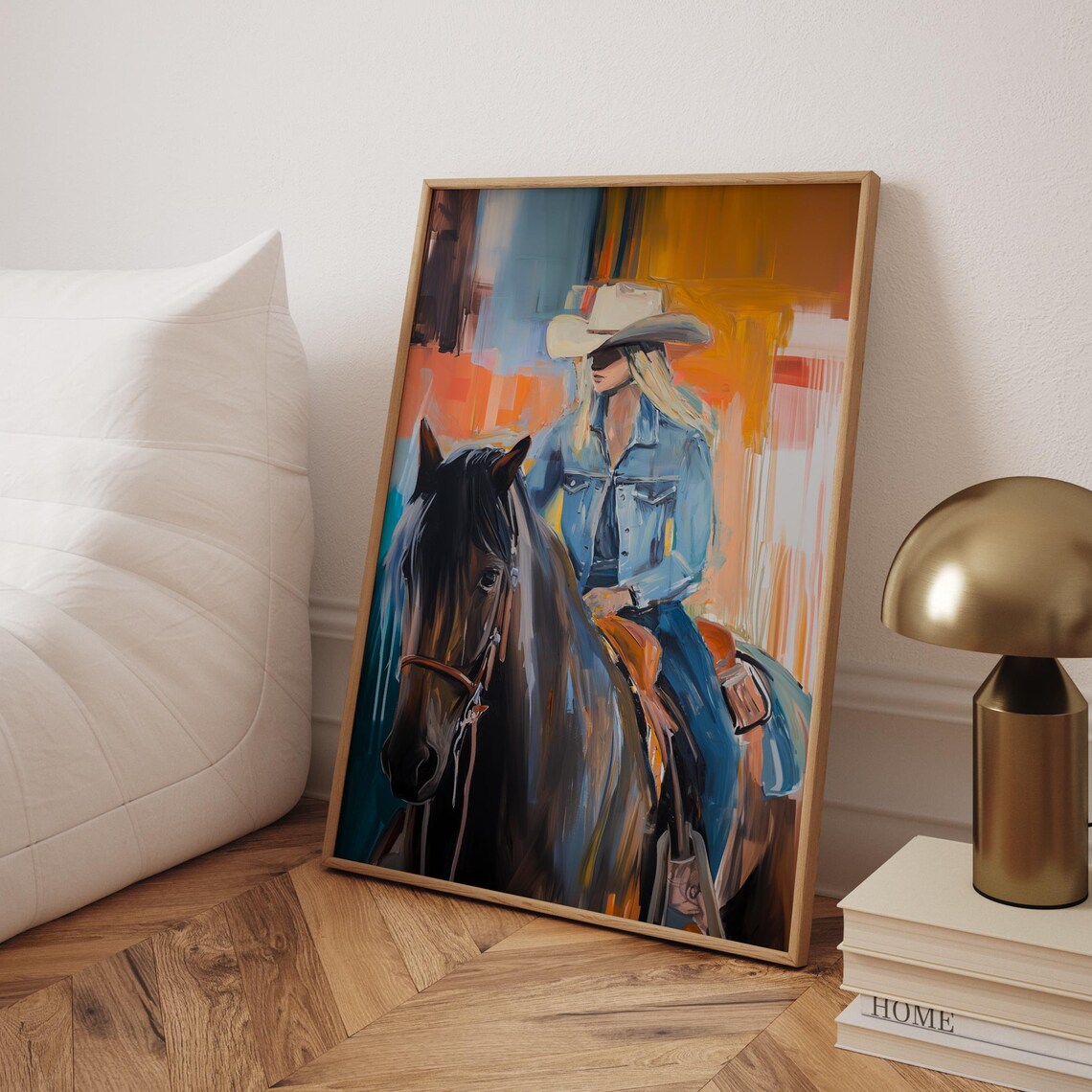 Vintage Cowgirl On Horse Retro Western Painting Equestrian Wall Art
