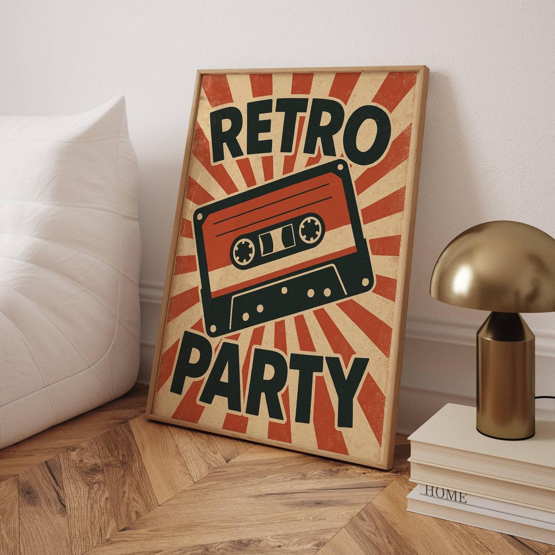 Retro Party Cassette Tape Bursting From a Red Sunburst Poster