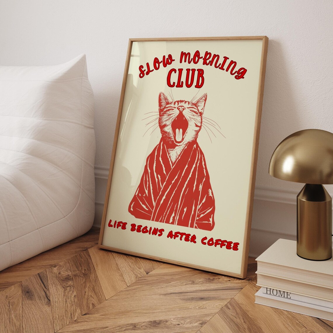 Slow Morning Club Cat Life Begins After Coffee Funny Kitchen Poster