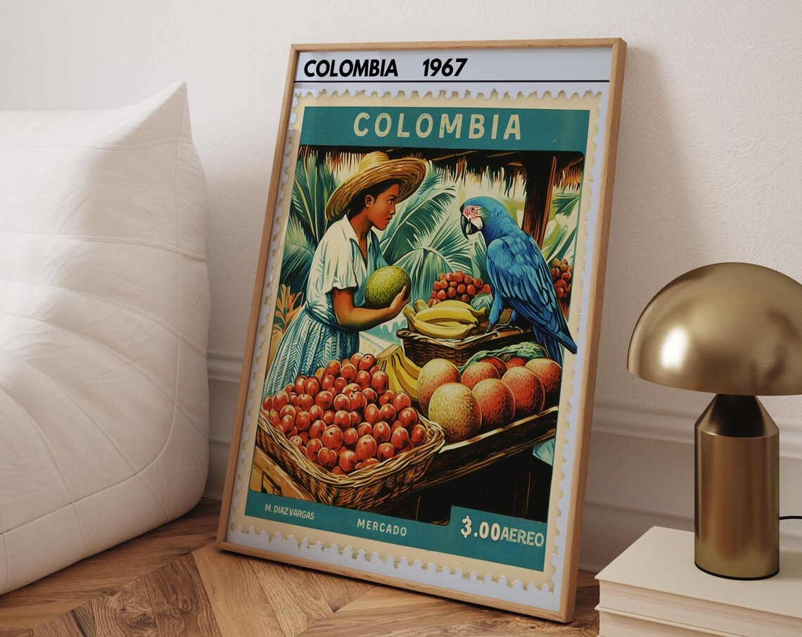 Colombia 1967 Mercado Stamp Parrot Fruit Market Vintage Poster