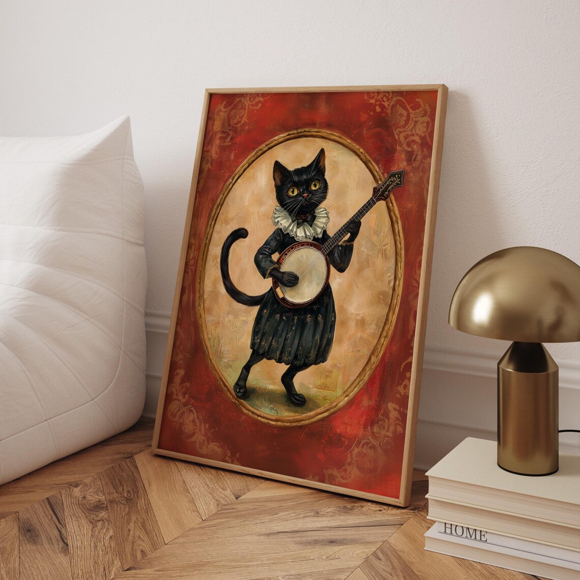 Black Cat in Victorian Dress Playing a Banjo Whimsical Portrait Poster