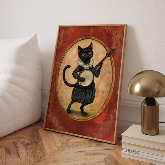Banjo Cat Poster Funny Black Wall Art