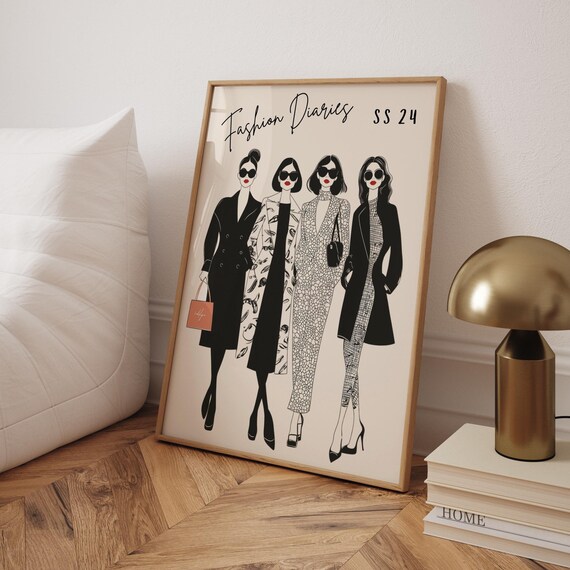 Fashion Diaries SS24 Chic Sunglasses Women Monochrome Style Illustration Poster