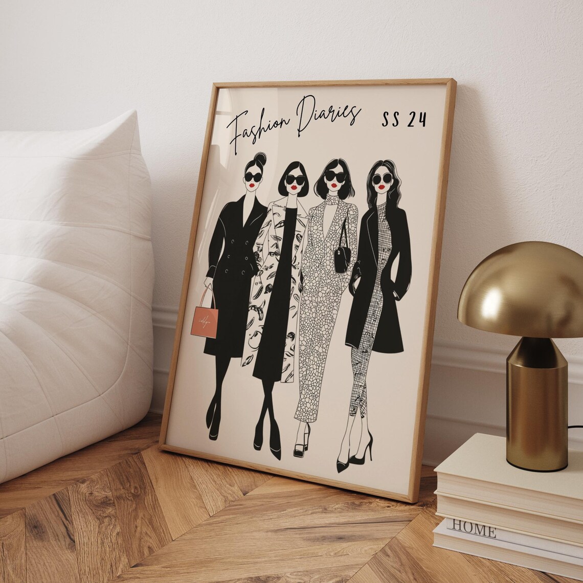 Fashion Diaries SS24 Chic Sunglasses Women Monochrome Style Illustration Poster
