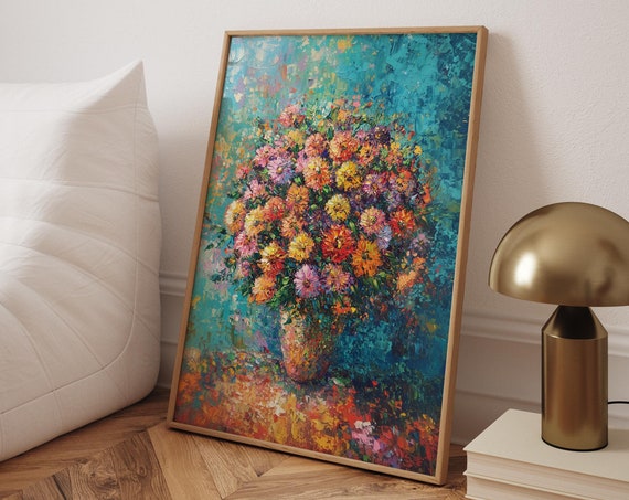 Chrysanthemum Painting, Pointillist Vintage Impressionist