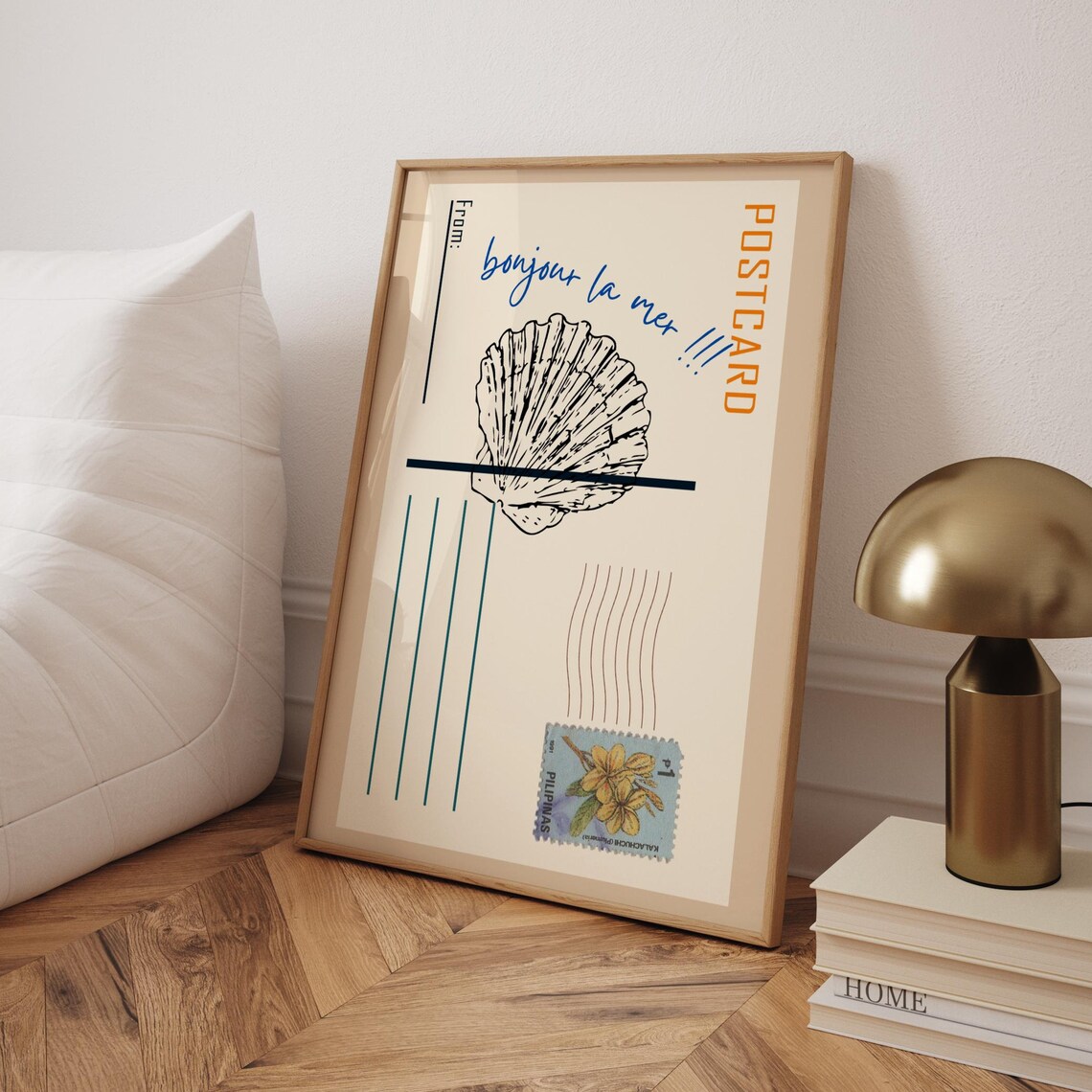 Bonjour La Mer Vintage Seashell Postcard Coastal Kitchen Art Print