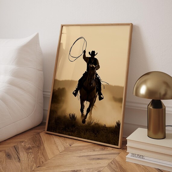 Cowboy Silhouette Spinning Lasso Horse Sepia Western Art Poster