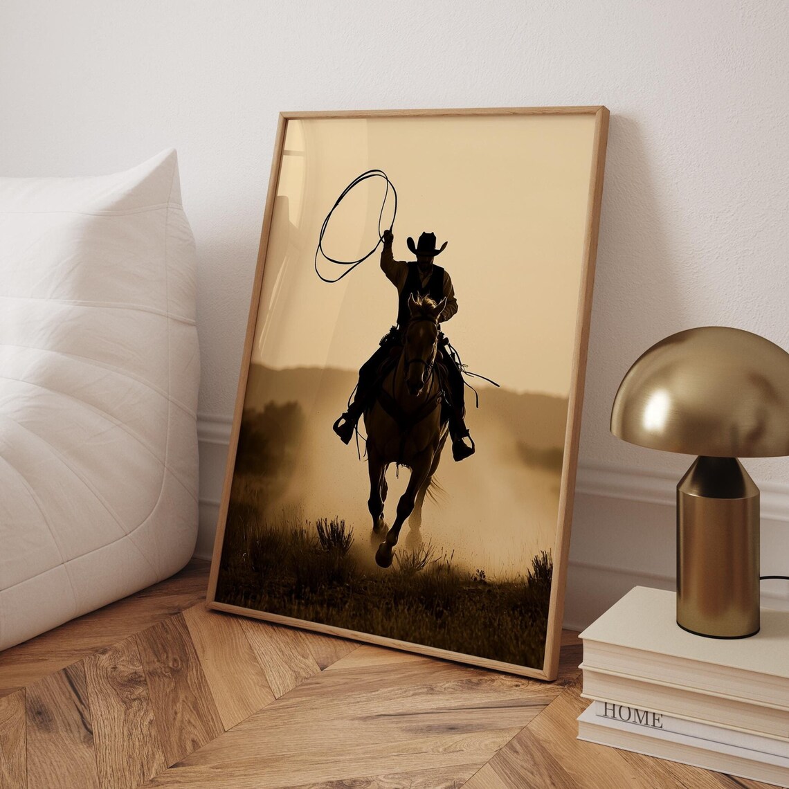 Cowboy Silhouette Spinning Lasso Horse Sepia Western Art Poster