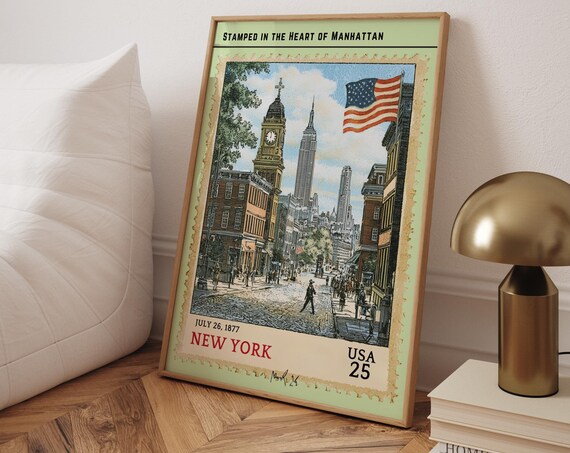 Vintage New York Postage Stamp Manhattan 1877 Travel Art Poster